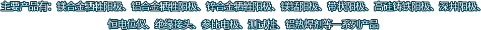 主要產(chǎn)品有：鎂合金犧牲陽(yáng)極、鋁合金犧牲陽(yáng)極、鋅合金犧牲陽(yáng)極、鎂錳陽(yáng)極、帶狀陽(yáng)極、高硅鑄鐵陽(yáng)極、深井陽(yáng)極、恒電位儀、絕緣接頭、參比電極、測(cè)試樁、鋁熱焊劑等一系列產(chǎn)品